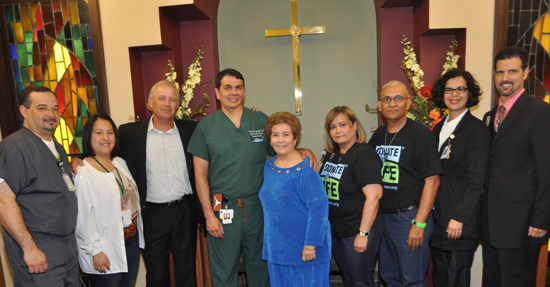 PROMOTING  ORGAN  DONATION  – Meeting to promote organ donation in the Valley are, from the left, Patrick Ybarra, RN, ADON of Nursing Administration at Valley Baptist Medical Center-Harlingen; Flor Delgado of the Texas Organ Sharing Alliance; Manny Vela, CEO of Valley Baptist Health System; Dr. Ruben Lopez, Cardiovascular Surgeon and Organ Donation Committee Medical Chairman for Valley Baptist (Dr. Lopez donated one of his kidneys to help save the life of his younger brother); Tina Briones, RN, Ed.D., Valley Baptist Vice President; Sylvia and Gabriel Espinoza of Edinburg, parents of organ donor Jeramie Espinoza (who died after a tragic car collision in 2003, but whose organs saved the lives of five people); Henrietta Peynado, FNP-BC, CHPN, OCN, Nurse Practitioner with Valley Baptist Medical Center-Harlingen (Henrietta’s sister Veronica died while waiting for a lung transplant but became a tissue donor); and Valley Baptist Chaplain Joe Perez. For more information on organ donation, please call the Texas Organ Sharing Alliance at 1-866-685-0277.