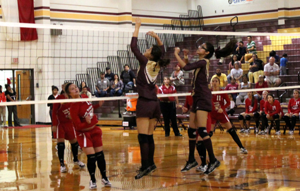The Lionettes go up to block a shot.