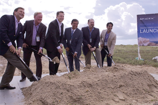 Texas State Representatives and Congressman, local officials, and Governor Rick Perry joined SpaceX founder Elon Musk in breaking new ground at the new SpaceX facility in Cameron County. The facility will begin space launches as early as 2016. Photo: Office of the Governor, http:// http://governor.state.tx.us/