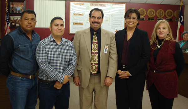 (left to right) Javier Loredo (Place 5), school board President Juan Briones (Place 7), La Feria Independent School District Superintendent Rey Villarreal, Lisa Ayala Montalvo (Place 4) and Katie Johnson (Place 6). Photos: LFISD