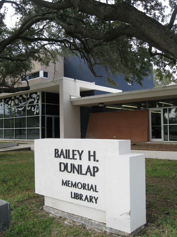 The entrance to the Bailey H. Dunlap Mermorial Library as it looks today with its second floor addition. Photo: LFN Archives/Bill Keltner.