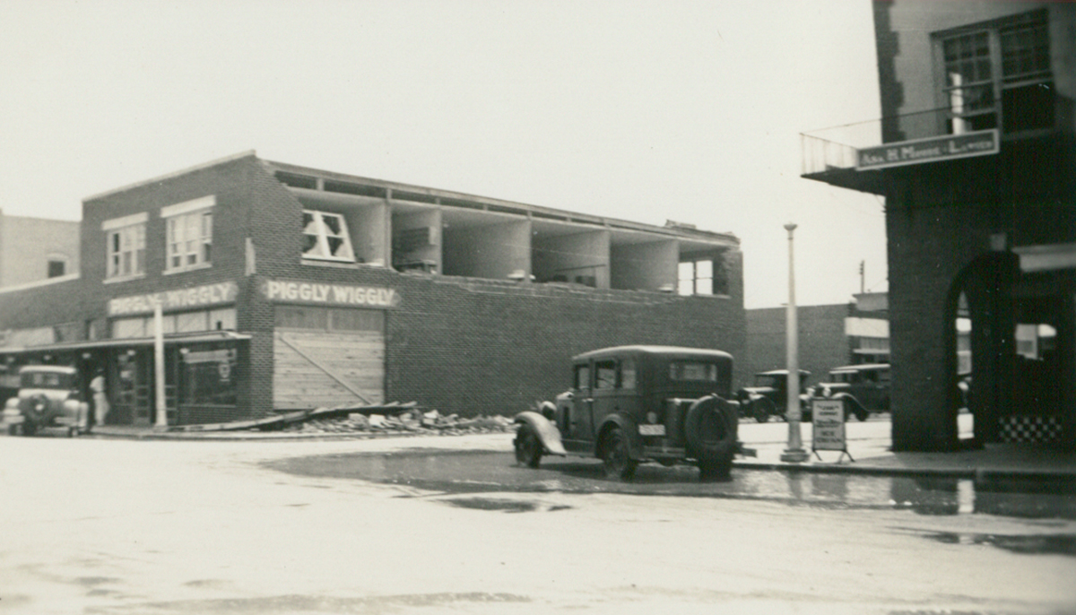 The 1933 Cuba–Brownsville hurricane struck in early September of that year and wrecked  havoc on lower Valley towns, including La Feria. This photo shows the corner of Main and Oleander Streets (present home of All Star Dental and La Feria News). The Piggly Wiggly took considerable damage during the storm. Photo: Courtesy Lisa Dunlevy Bordelon from the Lucile Wessels Dunlevy Collection.