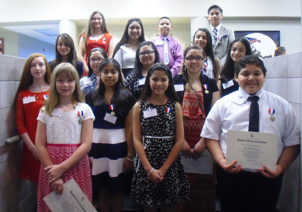 The Youth Citizenship Award recognizes 6th grade students who demonstrate Honor, Service, Courage, Leadership and Patriotism. DAR member Joan Pratt headed this committee. Pictured above are the winners, who received a certificate, and medal. Front row L-R  Emily Backor-Coakley Middle Harlingen, Alexa Strubhart-Vela Middle Harlingen, Angel Castenada Cotuc Jr- Myra Green Middle Raymondville. 2nd row Araceli Guera-Lyford Middle, Joanna Ventura-Vernon Middle Harlingen, Fayth Esquivel-Riverside Middle San Benito. 3rd row Sara Calista Cordova-Berta Cabaza Middle San Benito, Madison Gonzales-Lasara Middle, Crissy Diaz-Jo Nelson Middle Santa Rosa, Claudia Garcia-San Perlita Middle. 4th row Mia Lopez-Noemi Dominguez Middle LaFeria, Filanicas Zavala-Santa Maria Middle. Top row Nicole  Hinkle-St Anthony Catholic, Josue Monjaraz-Miller Jordan Middle San Benito, Timothy Pagayon-St Paul Academy. Not pictured: Katherina Guera-Calvary Christian, Cassandra Casteneda JFK Elem Mercedes, Nancy Velazquez- Memorial Middle Harlingen, and Juan Garza-Lt Guitierrez Jr Middle Harlingen.