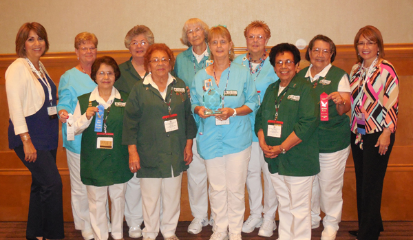 Hospital volunteers from Valley Baptist Medical Center-Harlingen and Valley Baptist-Brownsville showing awards recently received at the Texas Association of Healthcare Volunteers’ state convention in Dallas are, from the left, Lorraine Gonzales, Volunteer Manager for Valley Baptist-Brownsville; volunteers Nancy Johns, Emma Villegas-Martinez, Virginia Restovich, Lupita Soto, Jan Webster, Barb Barbro, Pam Williams, Carmen Cuellar, and Carmen Cavazos; and Katie McCarty, Director of Volunteer Services for Valley Baptist.