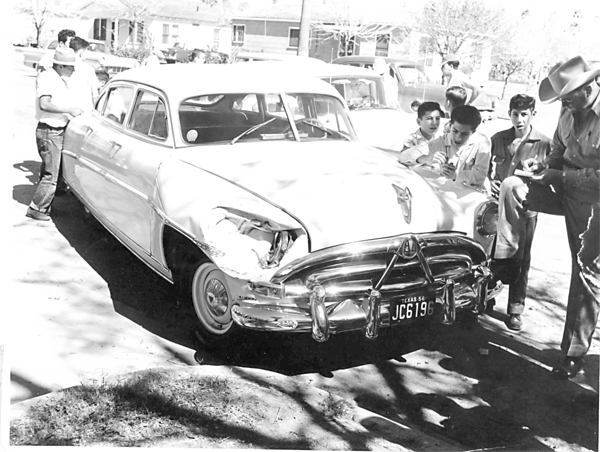 Photo of an automobile accident in 1952. The car is a Hudson and the officer pictured in the photograph is Pinky Dierks, mentioned in a previously published Centennial Story about Lawmen by contributor Michael Lamm. Photo submitted by Alvino Villarreal.