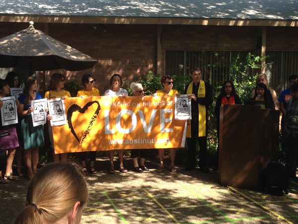 Local faith leaders gathered Wednesday, August 29, 2015, in support of LGBT activist Sulma Franco, currently living in sanctuary at First Unitarian Universalist Church in Austin. They released a letter, with signatures from over 60 clergy, urging U.S. Immigrations and Customs Enforcement to stop deportation proceedings. Photo: Bethany Carson.