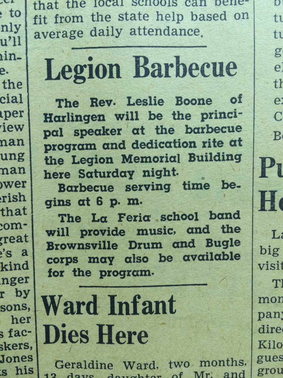 This small announcement was on the front page of the October 13, 1949 issue of LA FERIA NEWS advertising the dedication of the American Legion Post Memorial building on Saturday, October 15, 1949. Photo: LFN Archives.