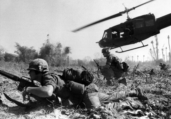 A helicopter leaves soldiers on the ground in Vietnam.  Francis L. Maples, died in Vietnam on 13 November 1967 as the result of gunshot wounds received while on a combat operation when his unit was engaged in a hostile firefight. Photo: U.S. Army photograph/public domain.