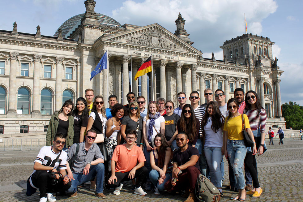The Germany study abroad group from UTRGV took in the sites of Berlin during their trip, including the restored Reichstag building, reopened in 1999 after German reunification to house Parliament. Joining them are fellow Leuphana University study abroad students from Texas A&M Kingsville and Louisiana State University, Shreveport. (Courtesy Photo)