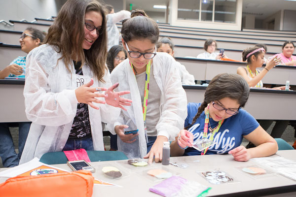About 60 girls from middle schools in the Valley participated in this summer’s Girls Adventuring in Math, Engineering and Science (GAMES) Summer Camp on the UTRGV Edinburg Campus, hosted by UTRGV’s P-16 Outreach office. Here, the girls are working on fractal designs. (UTRGV photo by Maria Salazar)