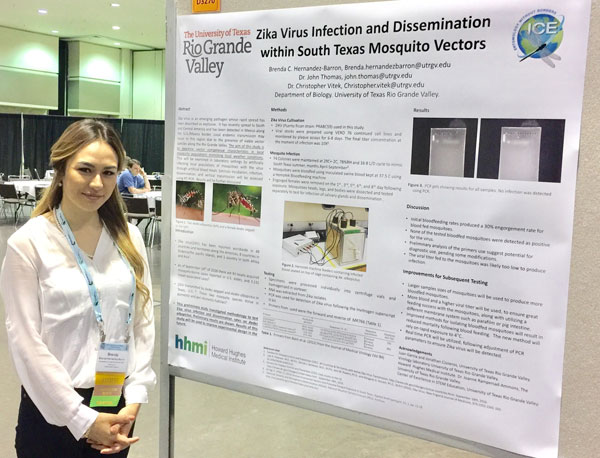 Brenda Hernandez-Barron, a senior biology major at The University of Texas Rio Grande Valley, is shown here with her first place poster in the Undergraduate Student Poster Competition: Medical and Veterinary Entomology category, at a joint meeting of the 25th International Congress of Entomology and the Entomological Society of America in Orlando, Florida. Courtesy Photo